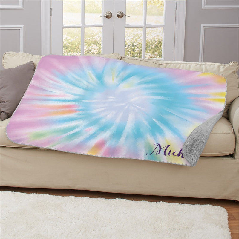 Personalized Pastel Tie-Dye Sherpa Blanket - Soft Rainbow Tie Dye Throw - LED Gift Works