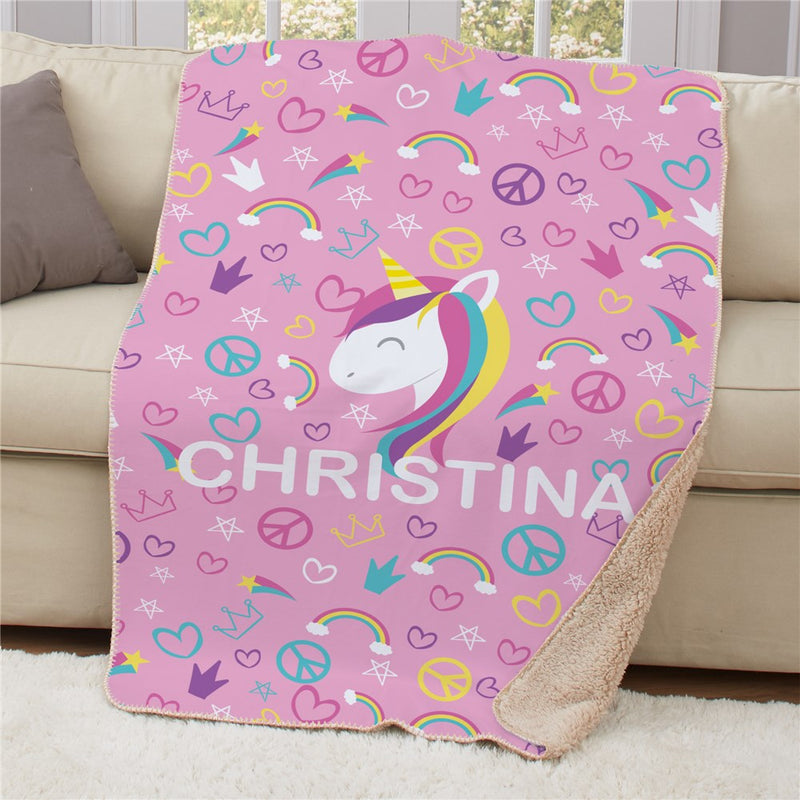 Personalized Unicorn Crowns and Peace Signs Sherpa Blanket - Groovy Unicorn Blanket for Girls - LED Gift Works