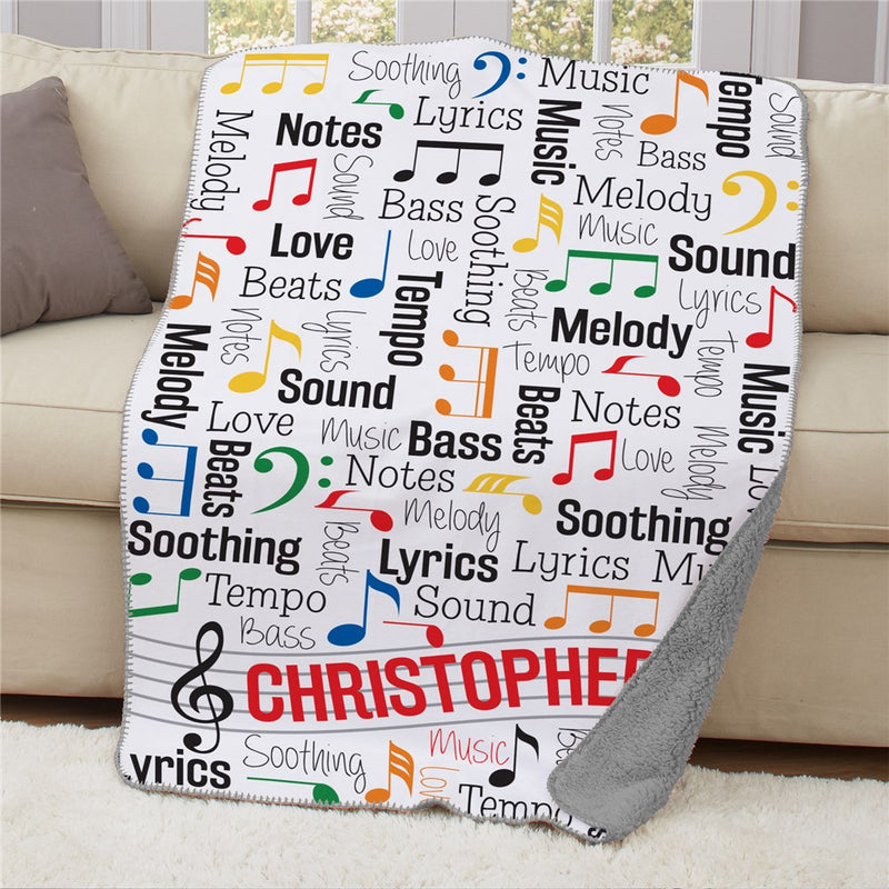 Personalized Music Notes Word Art Sherpa Blanket 50x60 - Large Music Lover's Blanket - LED Gift Works