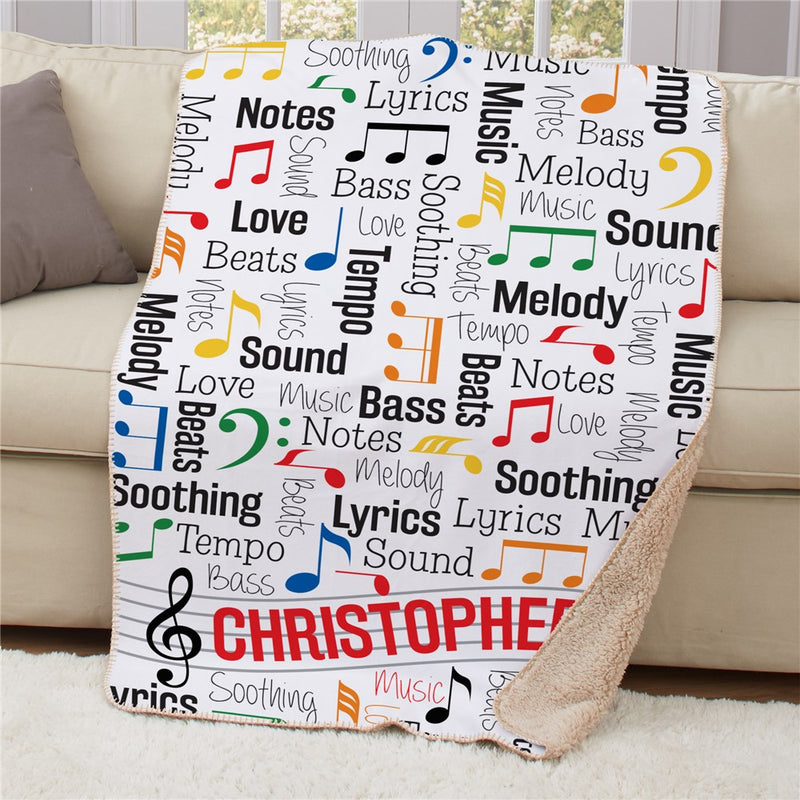 Personalized Music Notes Word Art Sherpa Blanket - Custom Musical Theme Throw - LED Gift Works
