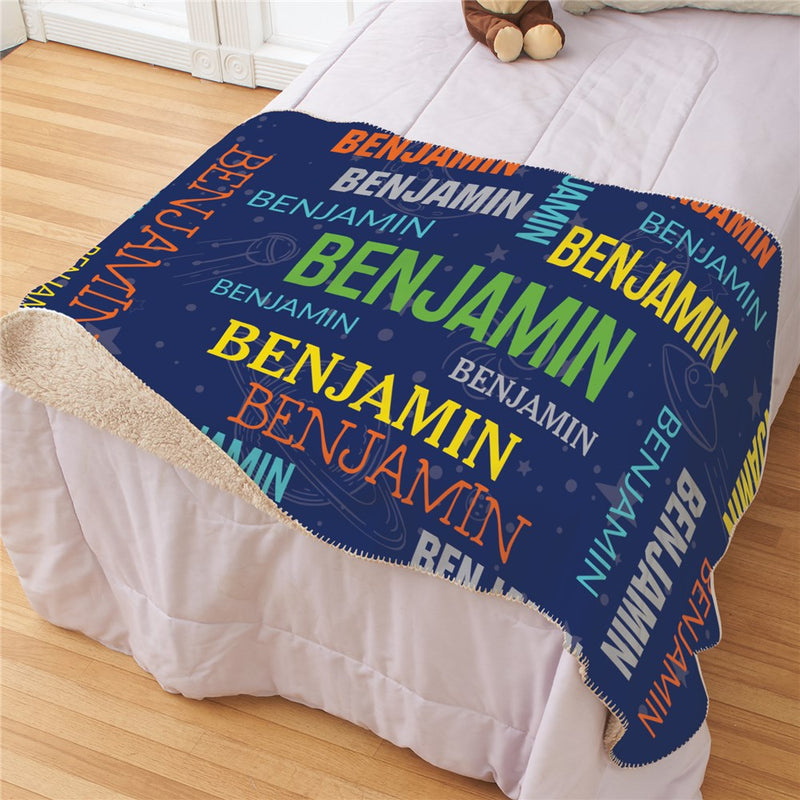 Personalized Repeating Name Blue Space Sherpa Blanket - Custom Boys Space Theme Blanket - LED Gift Works