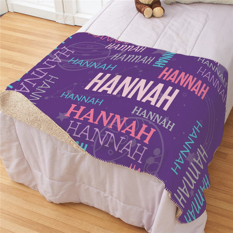 Personalized Repeating Name Purple Space Sherpa Blanket - Galactic Personalized Name Throw - LED Gift Works