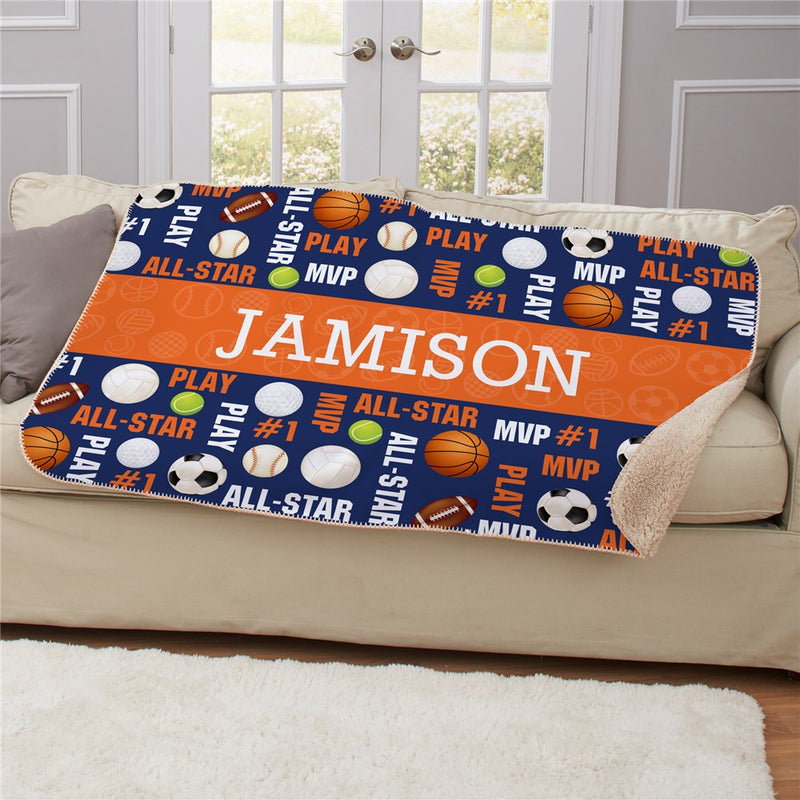 Personalized Sports Balls with Name Sherpa Blanket - Personalized Sports Fan Throw - LED Gift Works