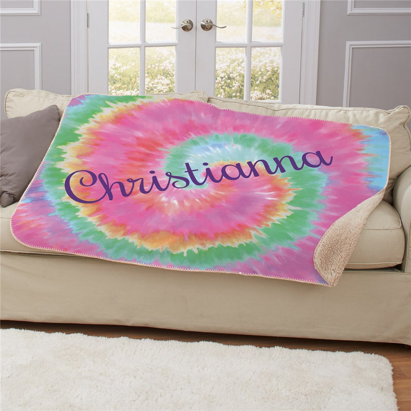 Personalized Tie-Dye with Name Sherpa Blanket - Groovy Custom Tie-Dye Blanket - LED Gift Works