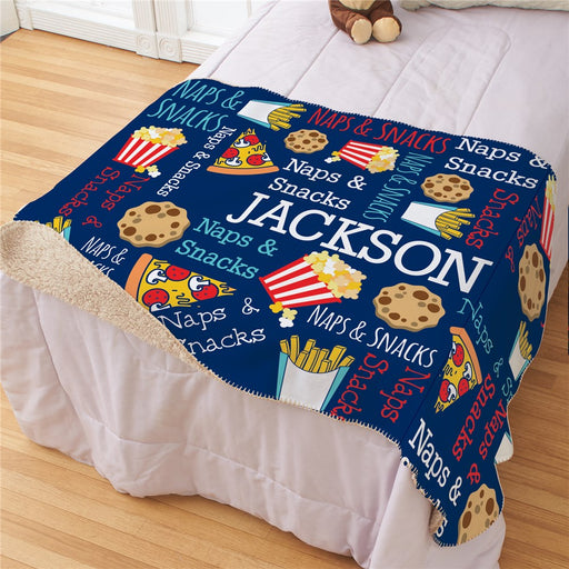 Personalized Snacks and Naps Popcorn Sherpa Blanket - Fun Movie Night Blanket - Way Up Gifts