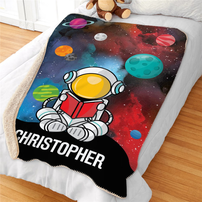 Personalized Astronaut With Book Sherpa Blanket - Kids Space Themed Blanket - LED Gift Works
