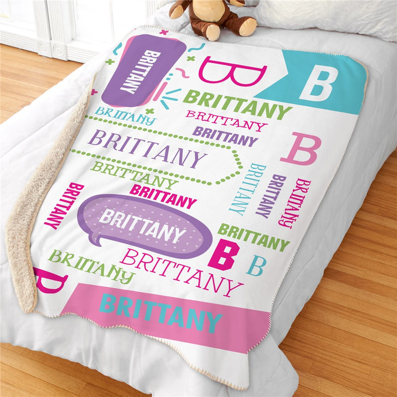 Personalized Girl Word Bubble Name And Initial Sherpa Blanket - Custom Girls Name Blanket - LED Gift Works