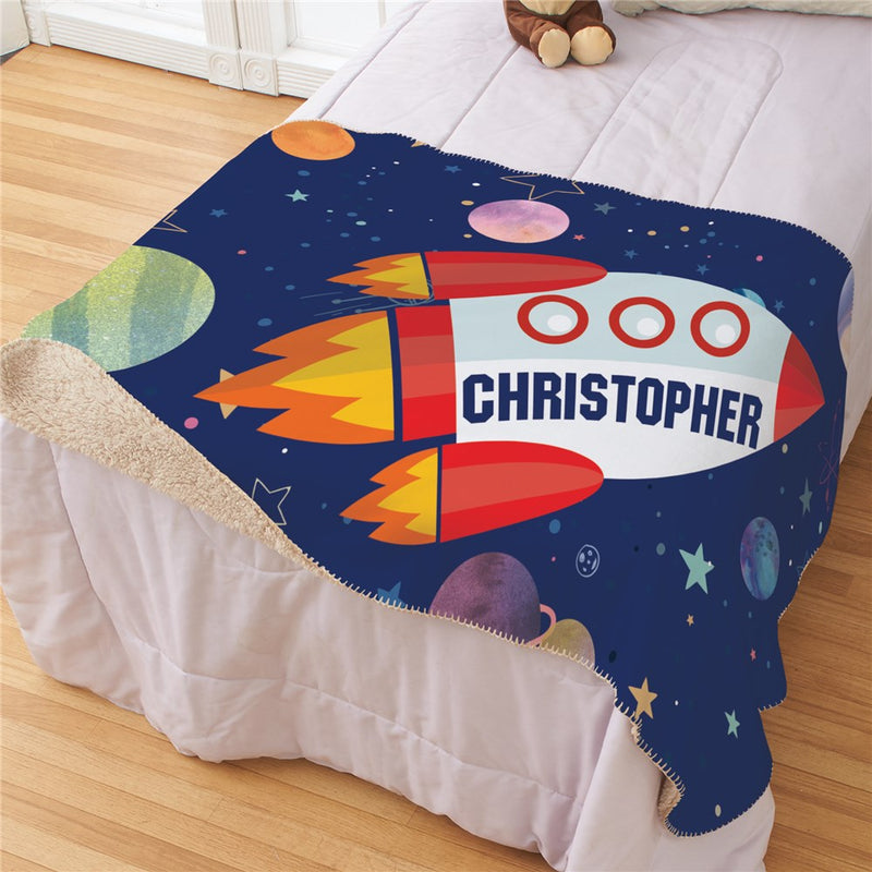 Personalized Rocket Ship with Name Sherpa Blanket - Outer Space Kids Blanket - LED Gift Works