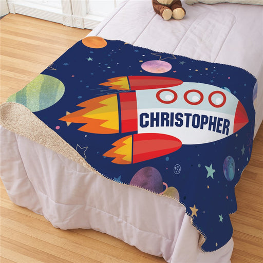 Personalized Rocket Ship with Name Sherpa Blanket - Outer Space Kids Blanket - Way Up Gifts