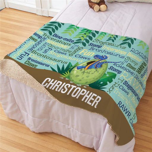 Personalized Dino Static Word Art Sherpa Blanket - Dinosaur Word Art Blanket - Way Up Gifts