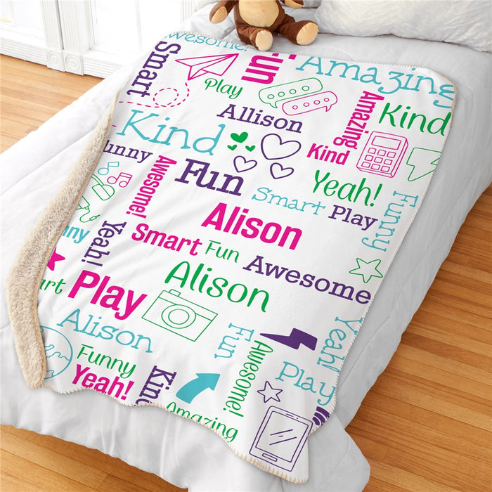 Personalized Colorful Girl Doodles Sherpa Blanket - Fun Kids Doodle Throw - Way Up Gifts