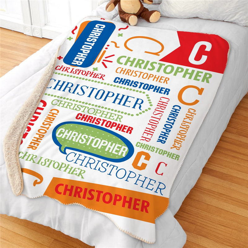 Personalized Boy Word Bubble With Name And Initial Sherpa Blanket - Custom Boy Name Blanket - LED Gift Works