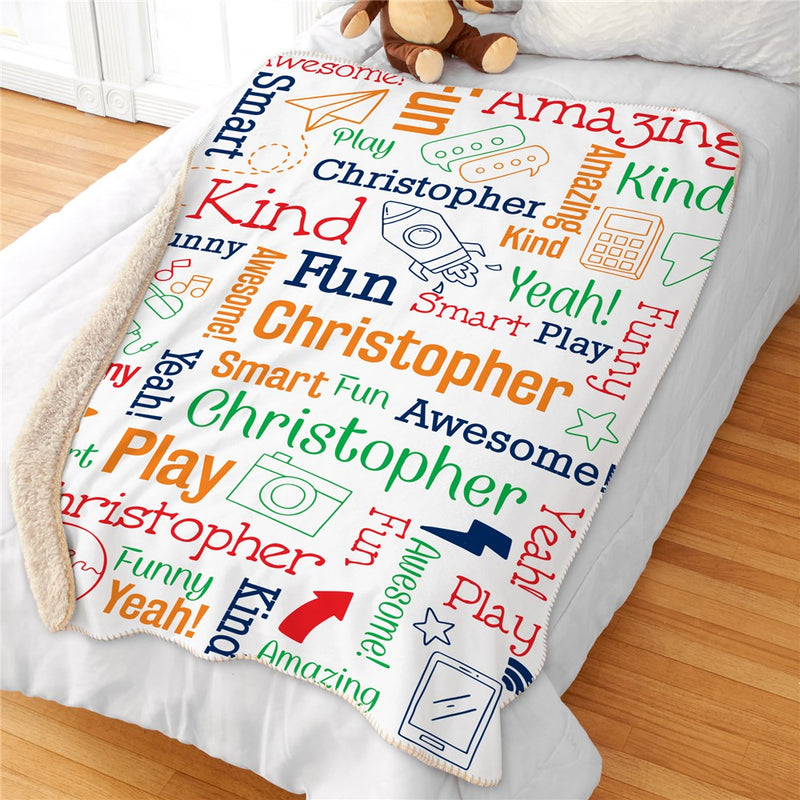 Personalized Colorful Boy Doodles Sherpa Blanket - Playful Kids Doodle Blanket - LED Gift Works
