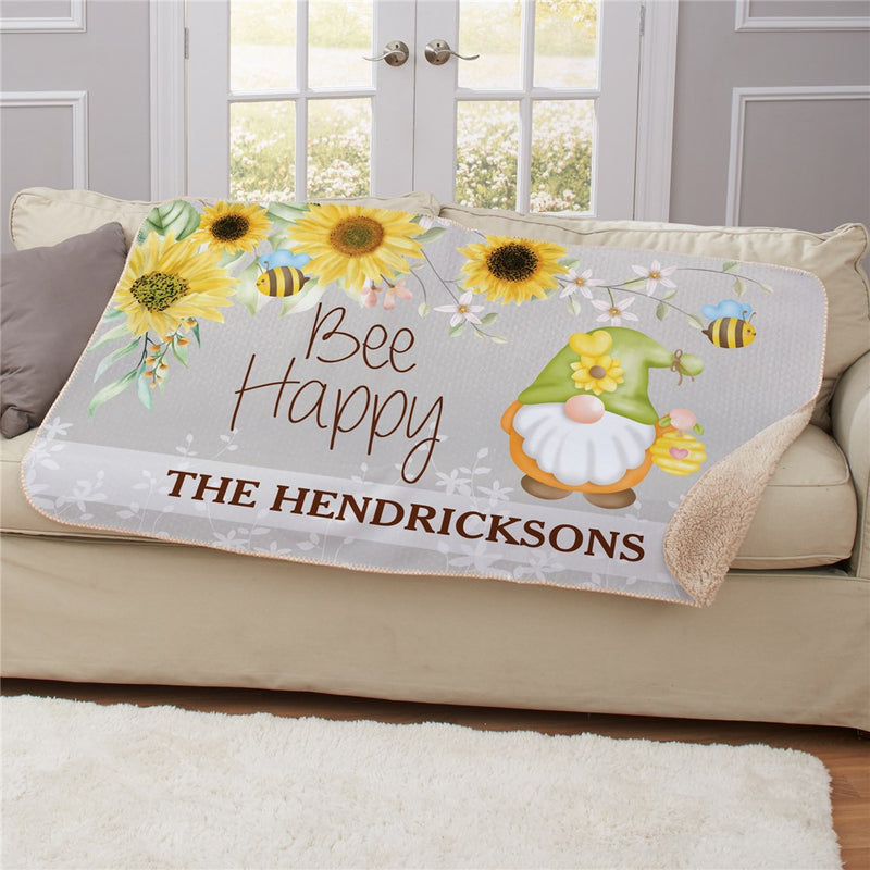 Personalized Bee Happy Gnome Sherpa Blanket - Cute Gnome Themed Throw - LED Gift Works