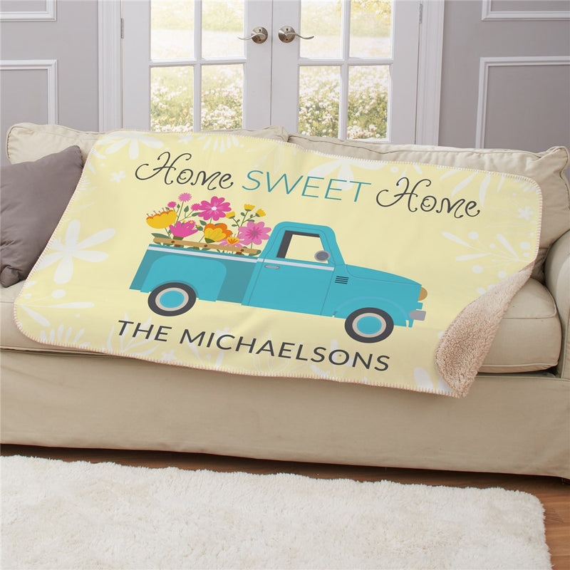Personalized Teal Spring Truck with Flowers Sherpa Blanket 50x60 - Large Springtime Blanket - LED Gift Works