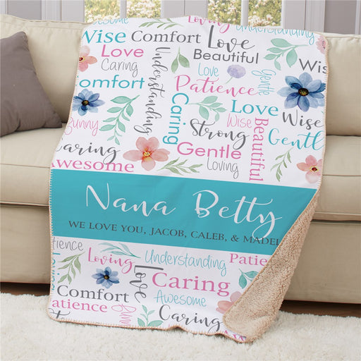 Personalized Watercolor Flower Word Art Sherpa Blanket 50x60 - Large Floral Word Art Blanket - Way Up Gifts