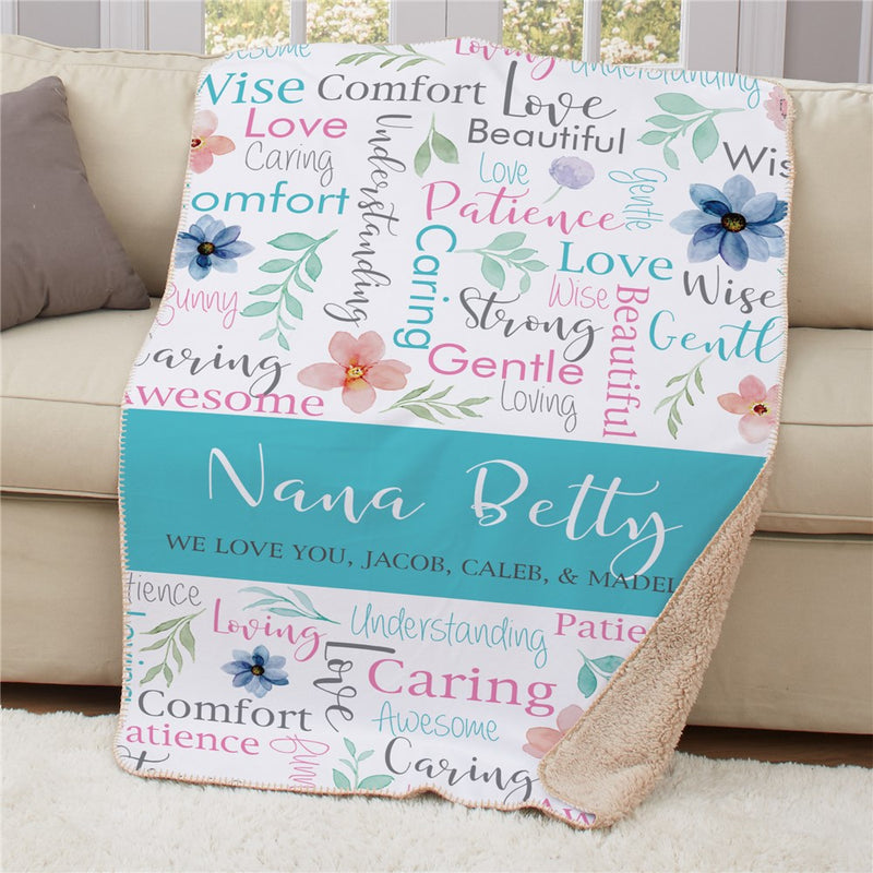 Personalized Watercolor Flower Word Art Sherpa Blanket - Custom Floral Quote Throw - LED Gift Works