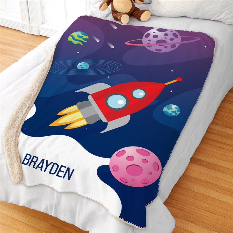 Personalized Outer Space Rocket Sherpa Blanket - Custom Space Adventure Blanket - LED Gift Works