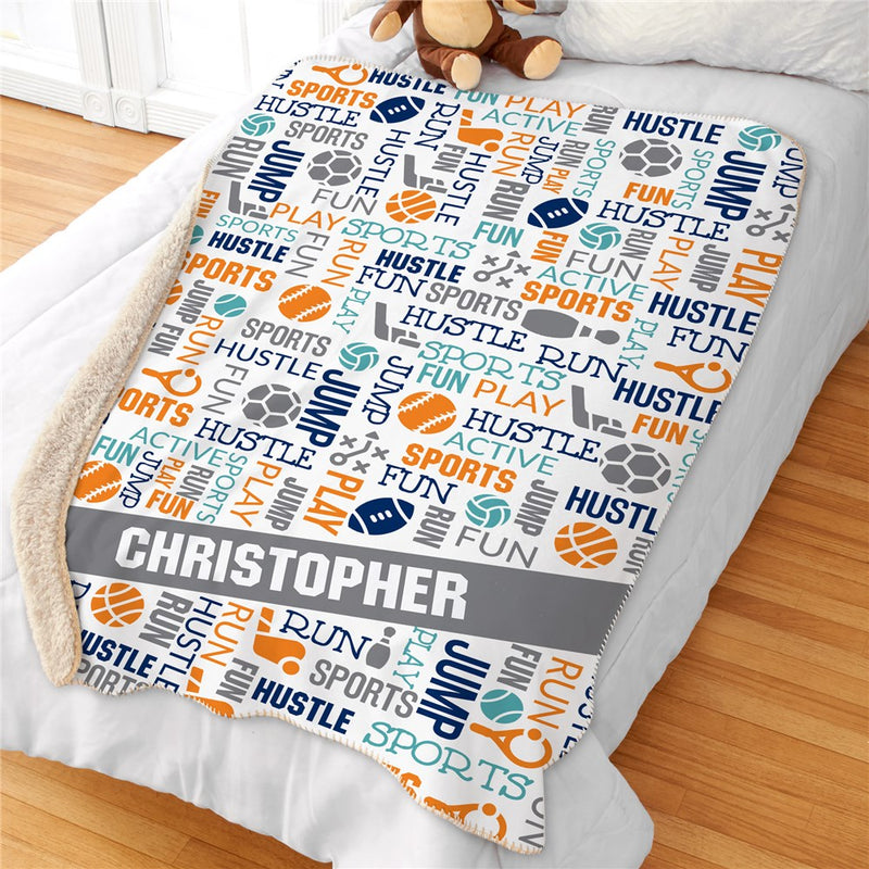 Personalized Sports Word Art Sherpa Blanket - Custom Athlete Name Blanket - LED Gift Works