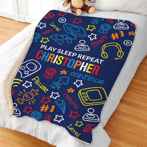 Personalized Play Sleep Repeat Gaming Sherpa Blanket - Gamer Quote Blanket - Way Up Gifts