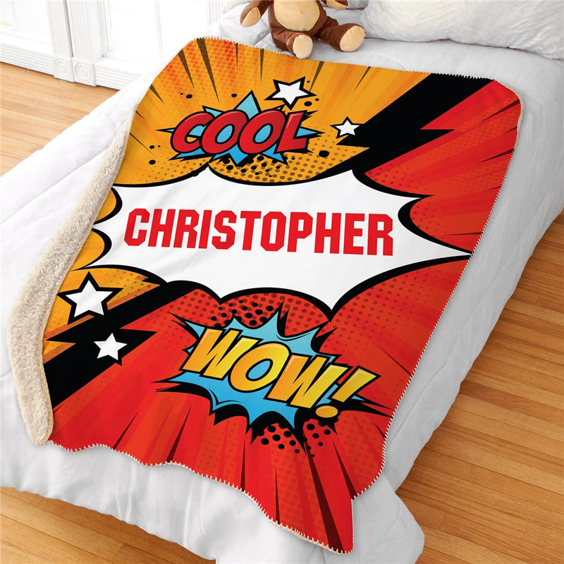 Personalized Comic Scene Sherpa Blanket - Fun Comic Themed Throw - LED Gift Works
