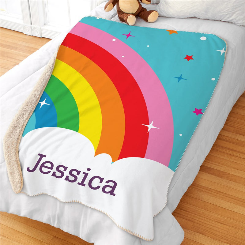 Personalized Rainbow with Stars Sherpa Blanket - Colorful Celestial Kids Blanket - LED Gift Works