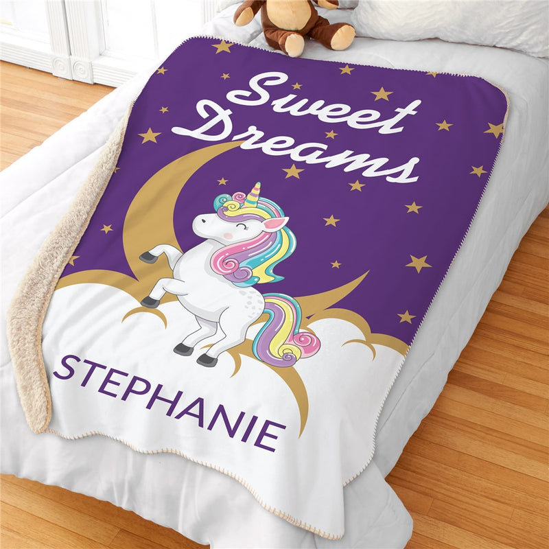 Personalized Sweet Dreams Unicorn Sherpa Blanket - Bedtime Magical Unicorn Blanket - LED Gift Works