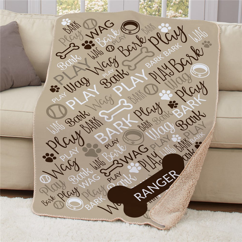 Personalized Bark Wag Play Pet Word Art 50X60 Sherpa Blanket - Large Dog Lover Blanket - LED Gift Works