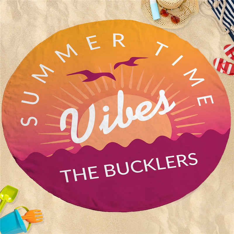 Summer Time Vibes Round Beach Towel - Custom Text - LED Gift Works