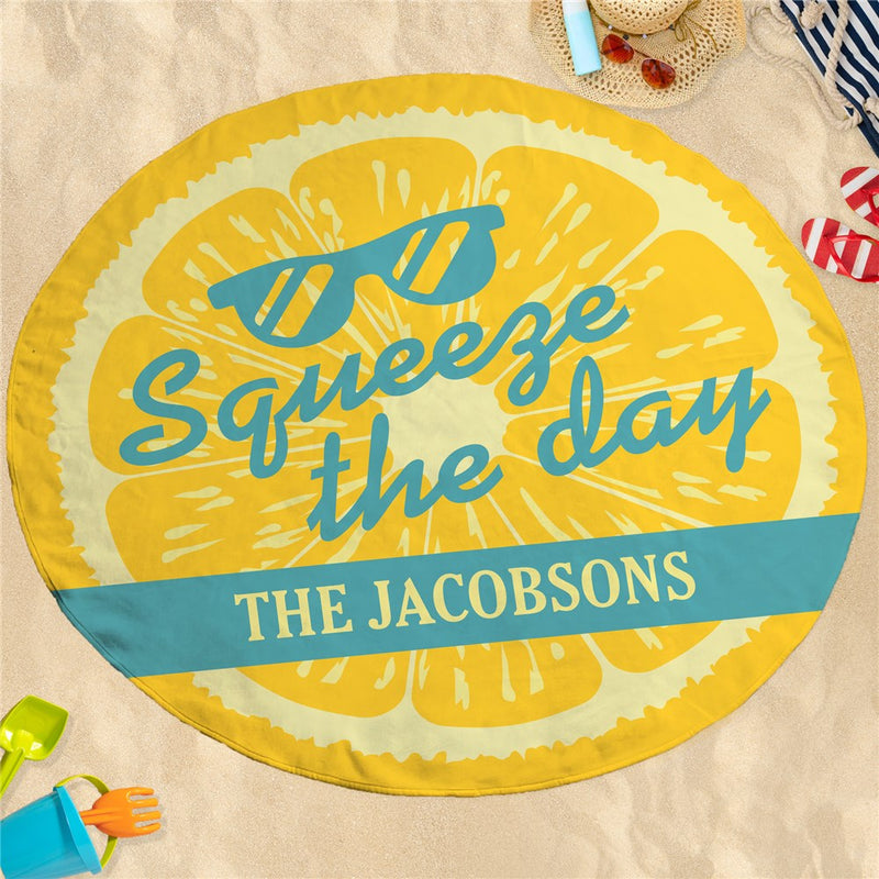 Squeeze the Day Round Lemon Beach Towel - Custom Text - LED Gift Works