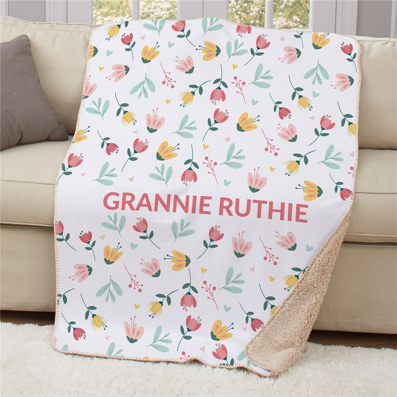 Personalized Pink Flowers Sherpa Blanket - Floral Girls Name Blanket - LED Gift Works