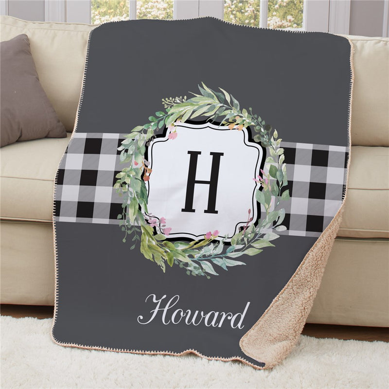 Personalized Wreath with Plaid Sherpa Blanket - Festive Holiday Wreath Throw - LED Gift Works