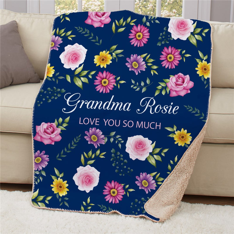 Personalized Flower Pattern Sherpa Blanket - Floral Design Cozy Throw - LED Gift Works