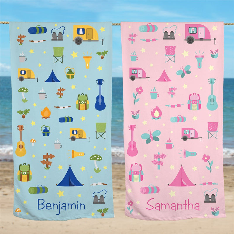 Camping Icons Personalized Outdoor Beach Towel - LED Gift Works