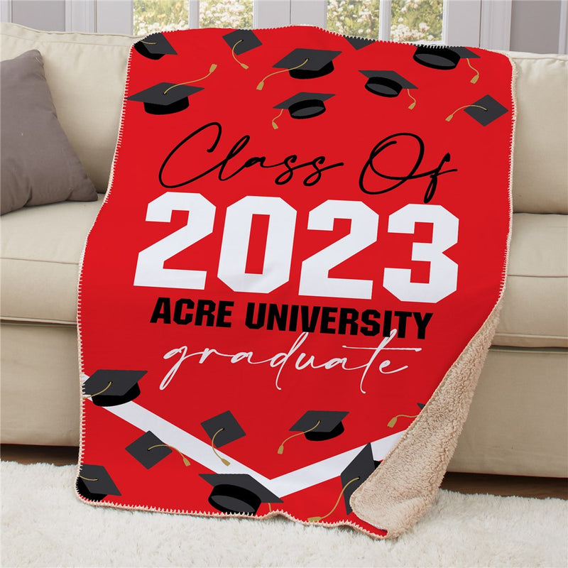 Personalized Flying Grad Caps Sherpa Blanket - Graduation Celebration Blanket - LED Gift Works