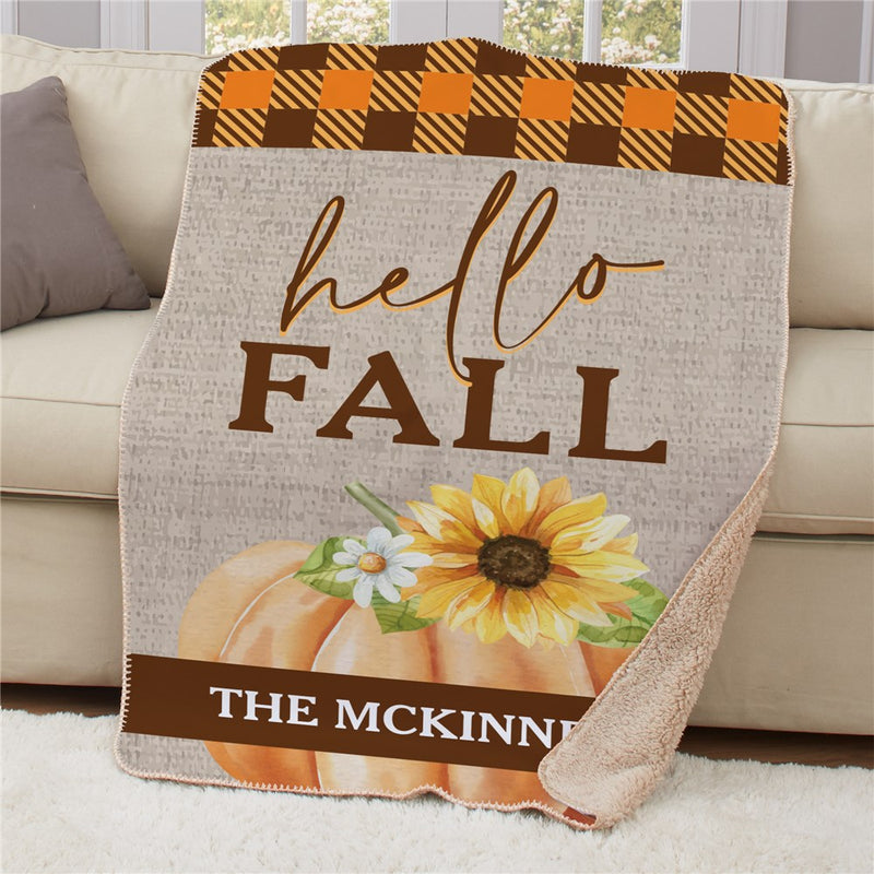 Personalized Orange Plaid Pumpkin Sherpa Blanket 37" x 57" - Fall Pumpkin Throw - LED Gift Works