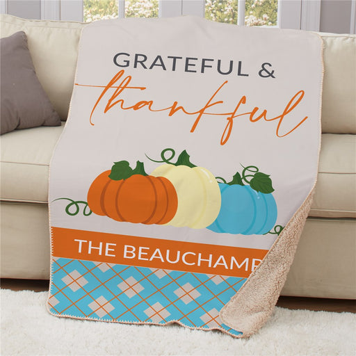 Personalized Grateful & Thankful Sherpa Blanket - Fall Thanksgiving Personalized Throw - Way Up Gifts