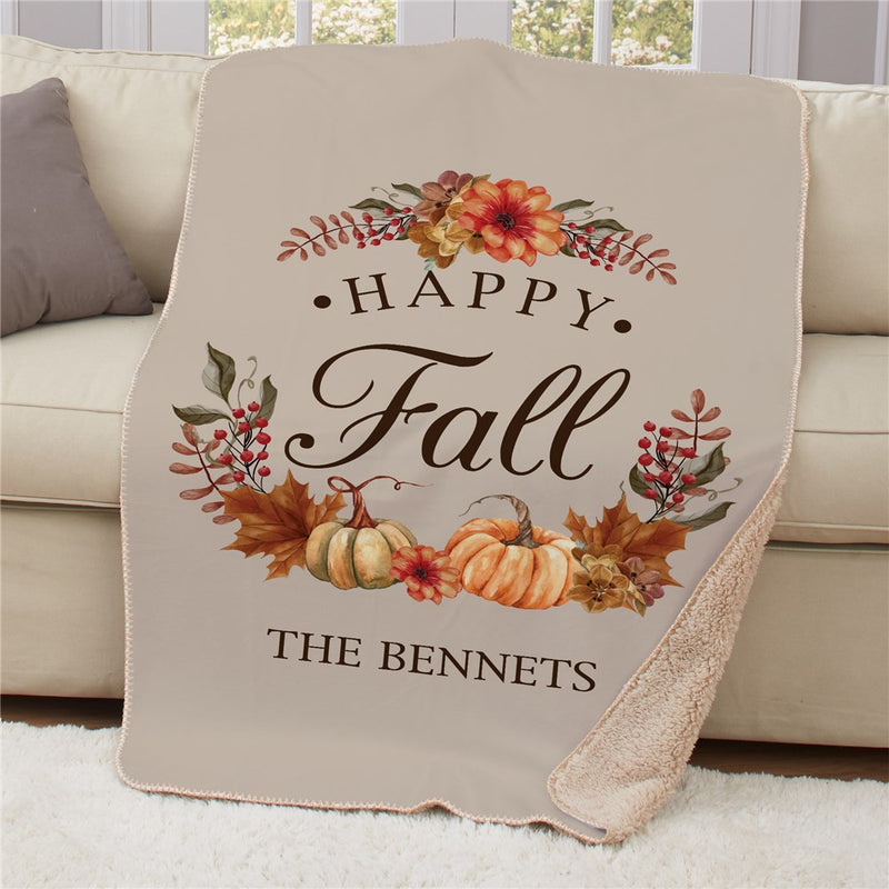 Personalized Happy Fall With Leaves And Pumpkins Sherpa Blanket - Autumn Leaf Throw - LED Gift Works