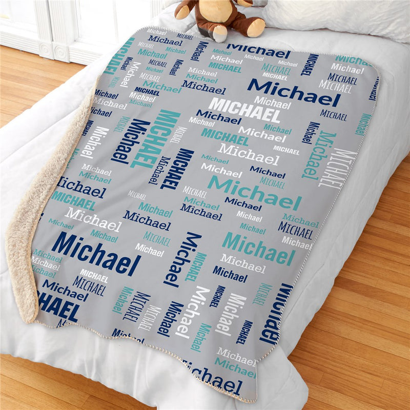 Personalized Navy Teal White Names Sherpa Blanket - Custom Color Block Name Throw - LED Gift Works