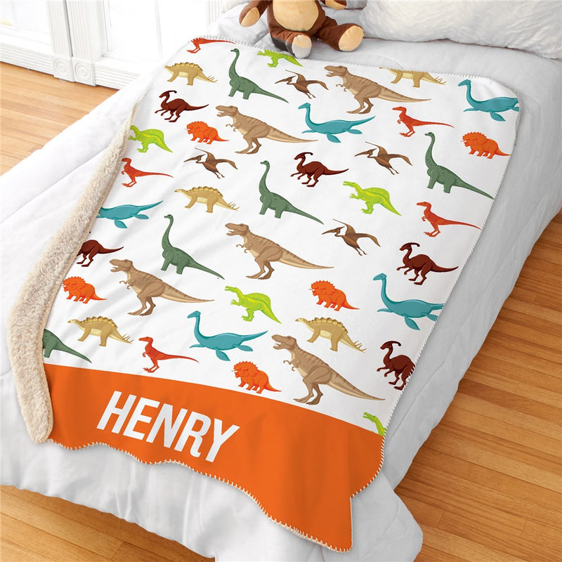 Personalized Dino Pattern With Name Sherpa Blanket - Personalized Dinosaur Kids Blanket - LED Gift Works