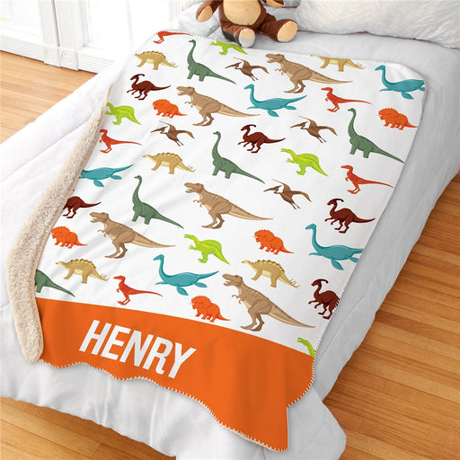 Personalized Dino Pattern With Name Sherpa Blanket - Personalized Dinosaur Kids Blanket - Way Up Gifts
