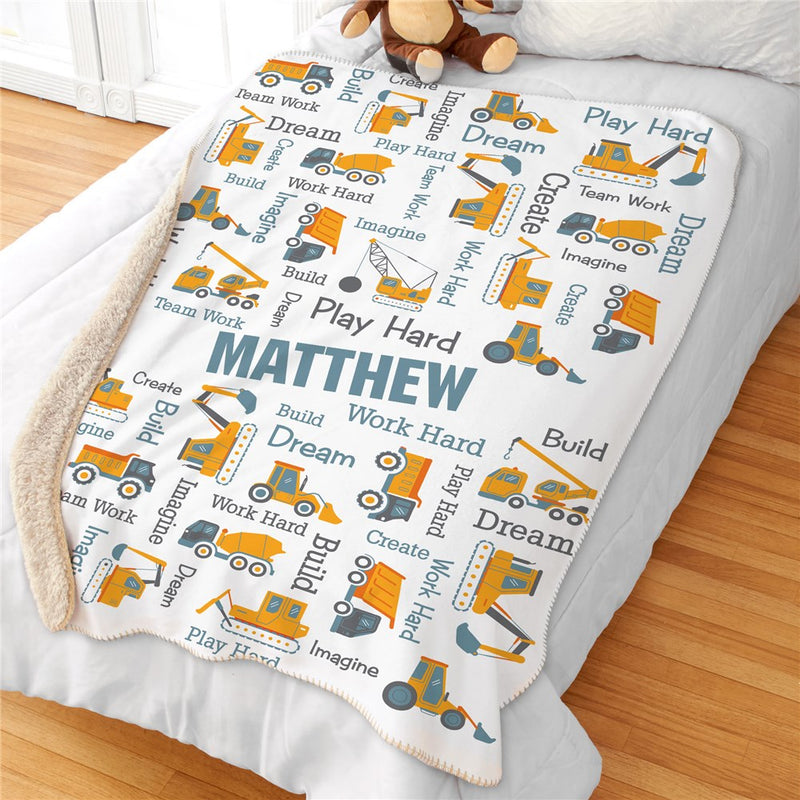 Personalized Construction Truck Sherpa Blanket - Kids Construction Vehicle Blanket - LED Gift Works