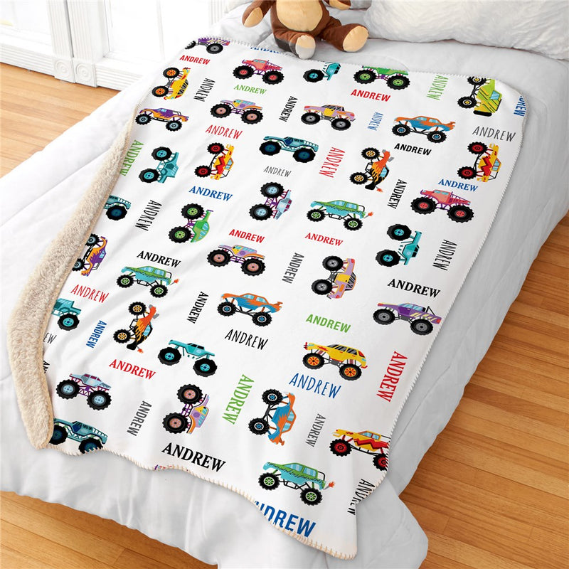 Personalized Monster Truck Sherpa Blanket - Custom Name Big Truck Blanket for Kids - LED Gift Works