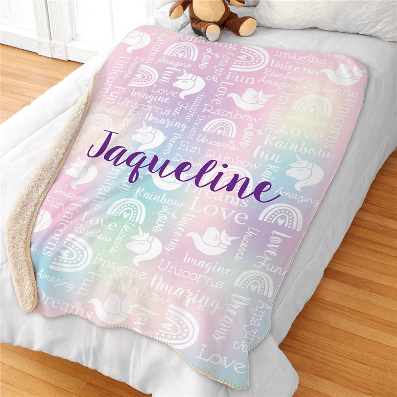 Personalized Watercolor Unicorn and Rainbow Sherpa Blanket - Magical Unicorn Baby Blanket - LED Gift Works