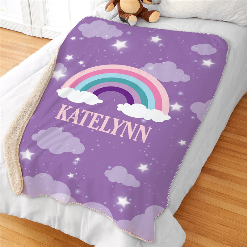Personalized Rainbow with Stars and Clouds Sherpa Blanket - Dreamy Rainbow Baby Blanket - LED Gift Works