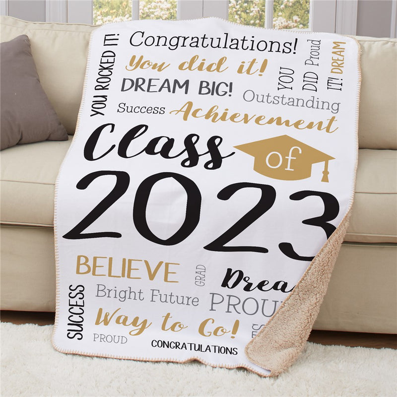 Personalized Class Of Static Word Art With Cap Sherpa Blanket - Graduation Class Throw - LED Gift Works