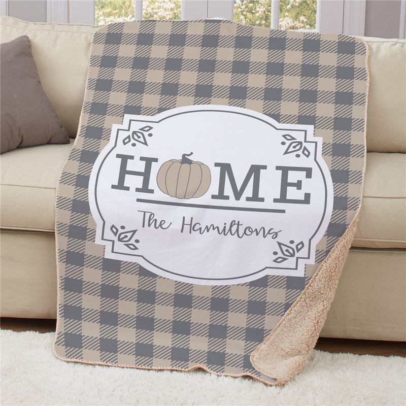 Personalized Home Pumpkin Plaid Sherpa Blanket - Cozy Fall Throw - Custom Autumn Decor - LED Gift Works