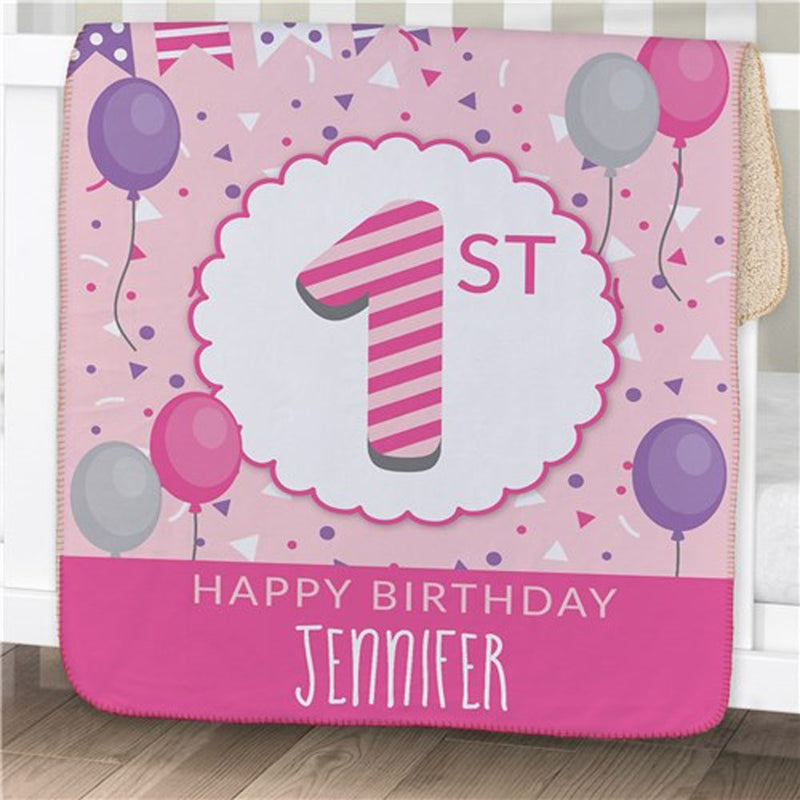 Personalized 1st Birthday With Bunting Baby Blanket - Milestone Birthday Gift - Custom Baby Throw - LED Gift Works