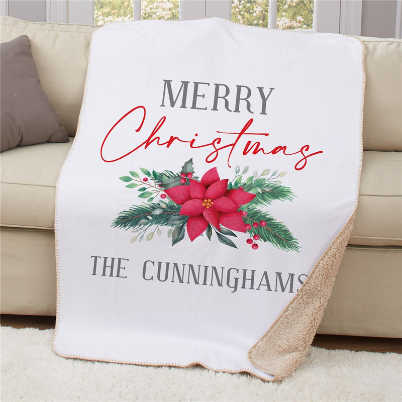 Personalized Watercolor Poinsettias Sherpa Blanket - Christmas Floral Blanket - LED Gift Works