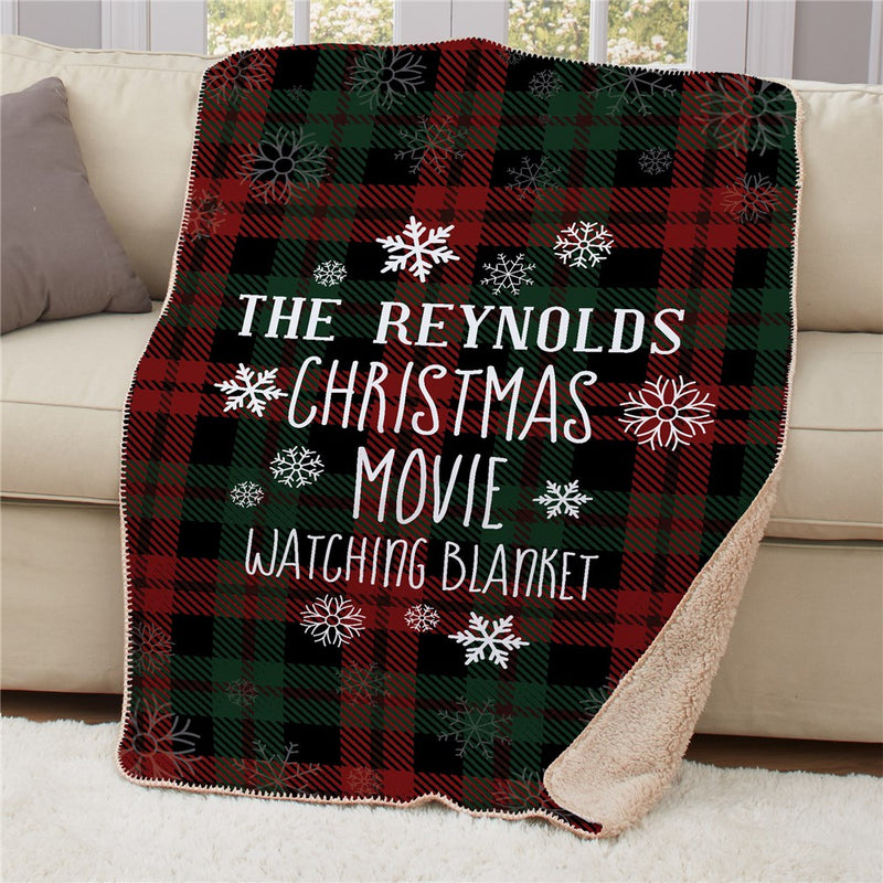 Personalized Christmas Movie Snowflakes Plaid Sherpa Blanket - Holiday Snowflake Throw - LED Gift Works